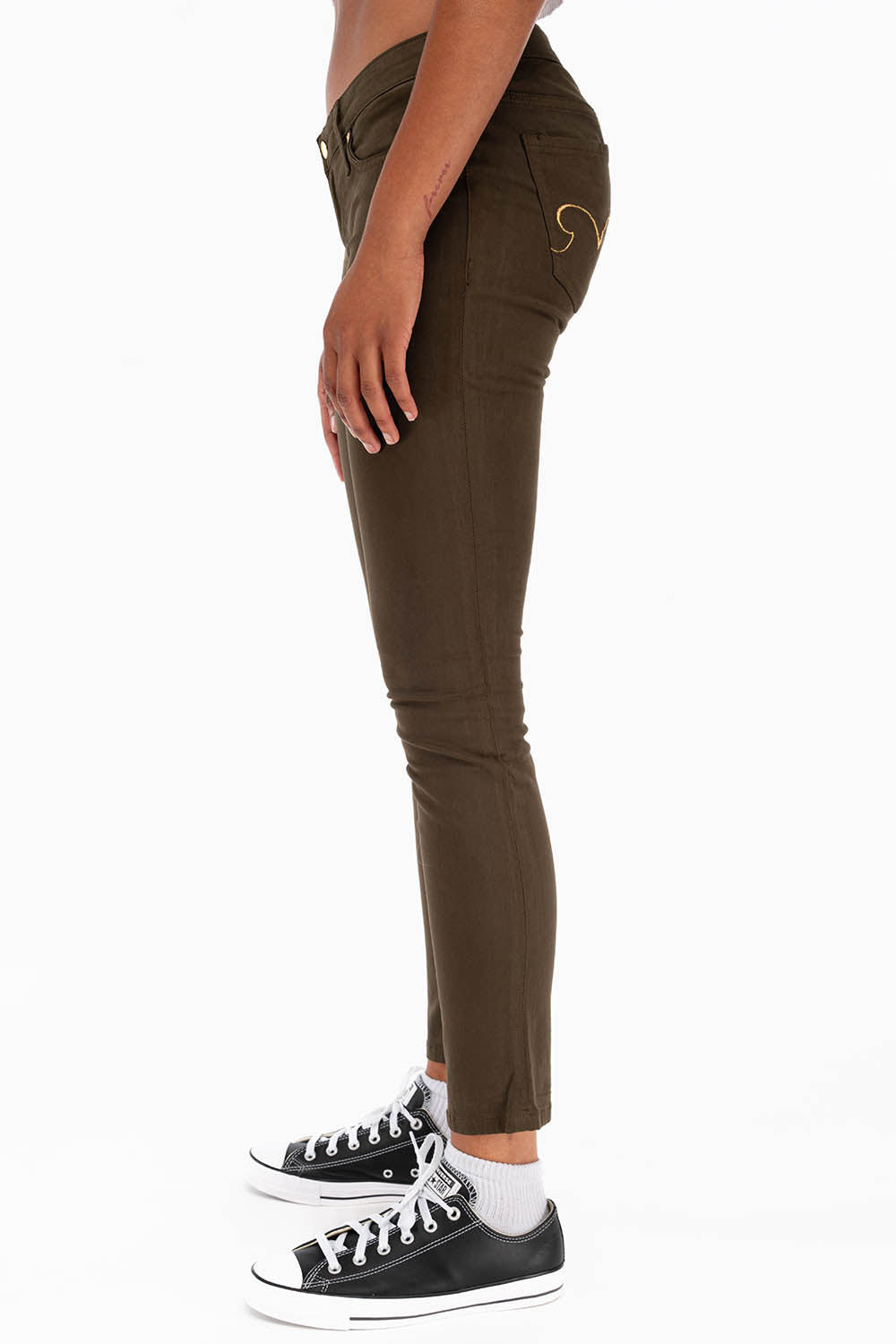 ROBIN'S LOW RISE WOMENS SKINNY JEANS IN DARK GREEN WITH GOLD EMBROIDERY AND LOGO