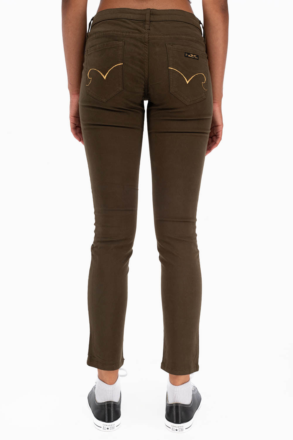 ROBIN'S LOW RISE WOMENS SKINNY JEANS IN DARK GREEN WITH GOLD EMBROIDERY AND LOGO