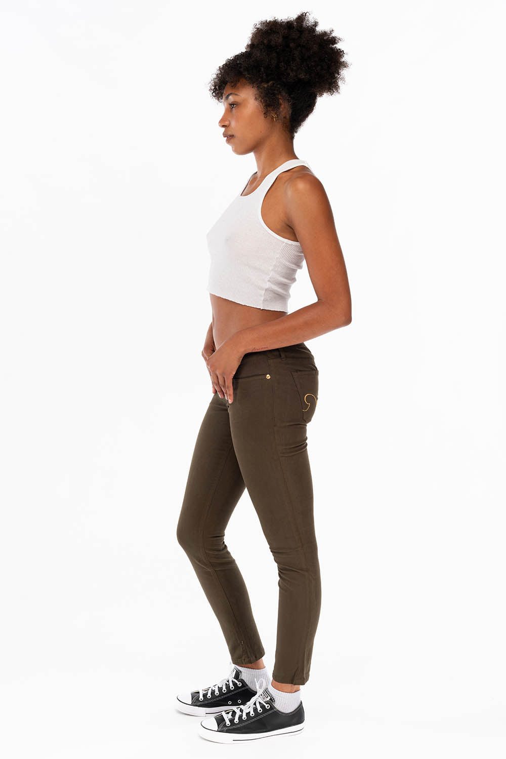 ROBIN'S LOW RISE WOMENS SKINNY JEANS IN DARK GREEN WITH GOLD EMBROIDERY AND LOGO