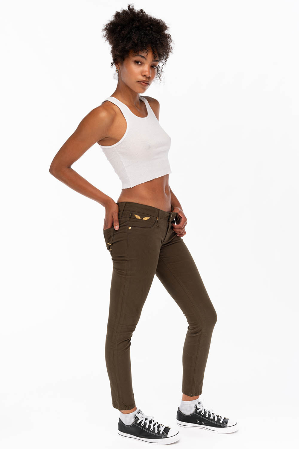 ROBIN'S LOW RISE WOMENS SKINNY JEANS IN DARK GREEN WITH GOLD EMBROIDERY AND LOGO