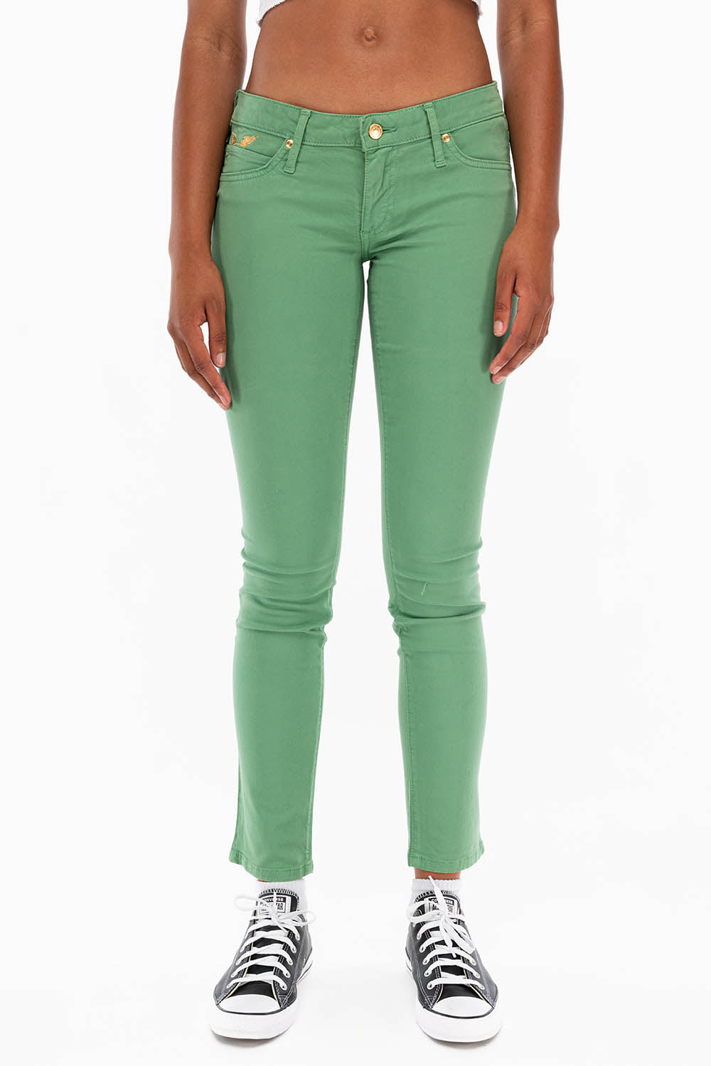 ROBIN'S NAT SKINNY LOW RISE WOMENS SKINNY JEANS IN SQUASH WITH GOLD EMBROIDERY AND LOGO