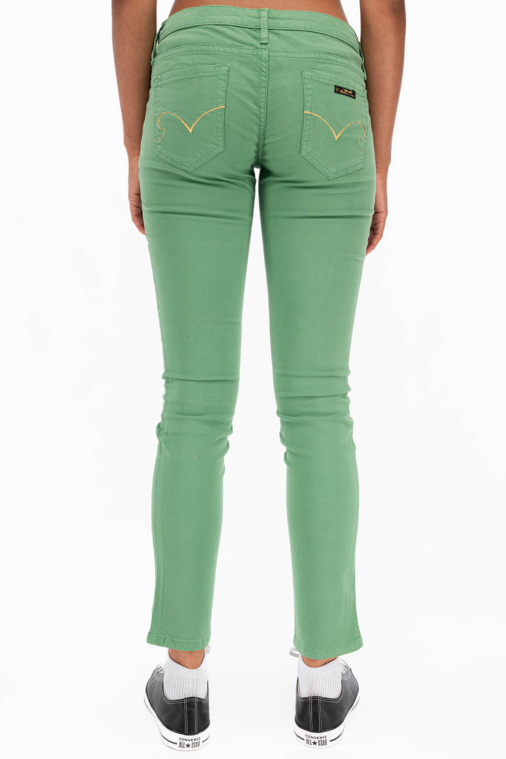 ROBIN'S NAT SKINNY LOW RISE WOMENS SKINNY JEANS IN SQUASH WITH GOLD EMBROIDERY AND LOGO