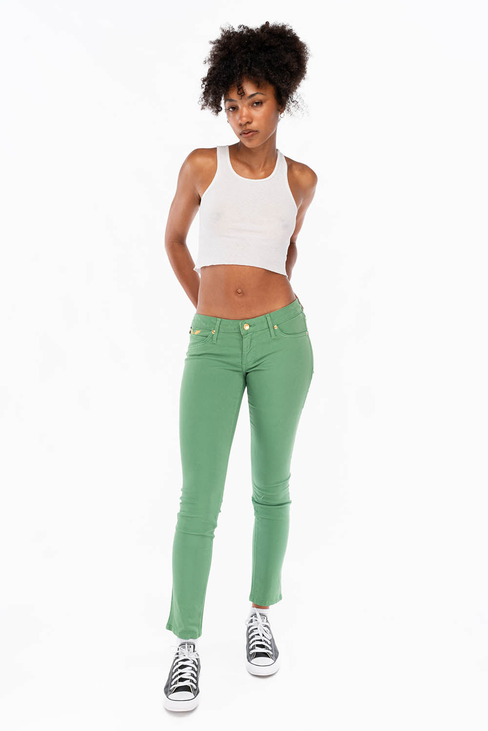 ROBIN'S NAT SKINNY LOW RISE WOMENS SKINNY JEANS IN SQUASH WITH GOLD EMBROIDERY AND LOGO