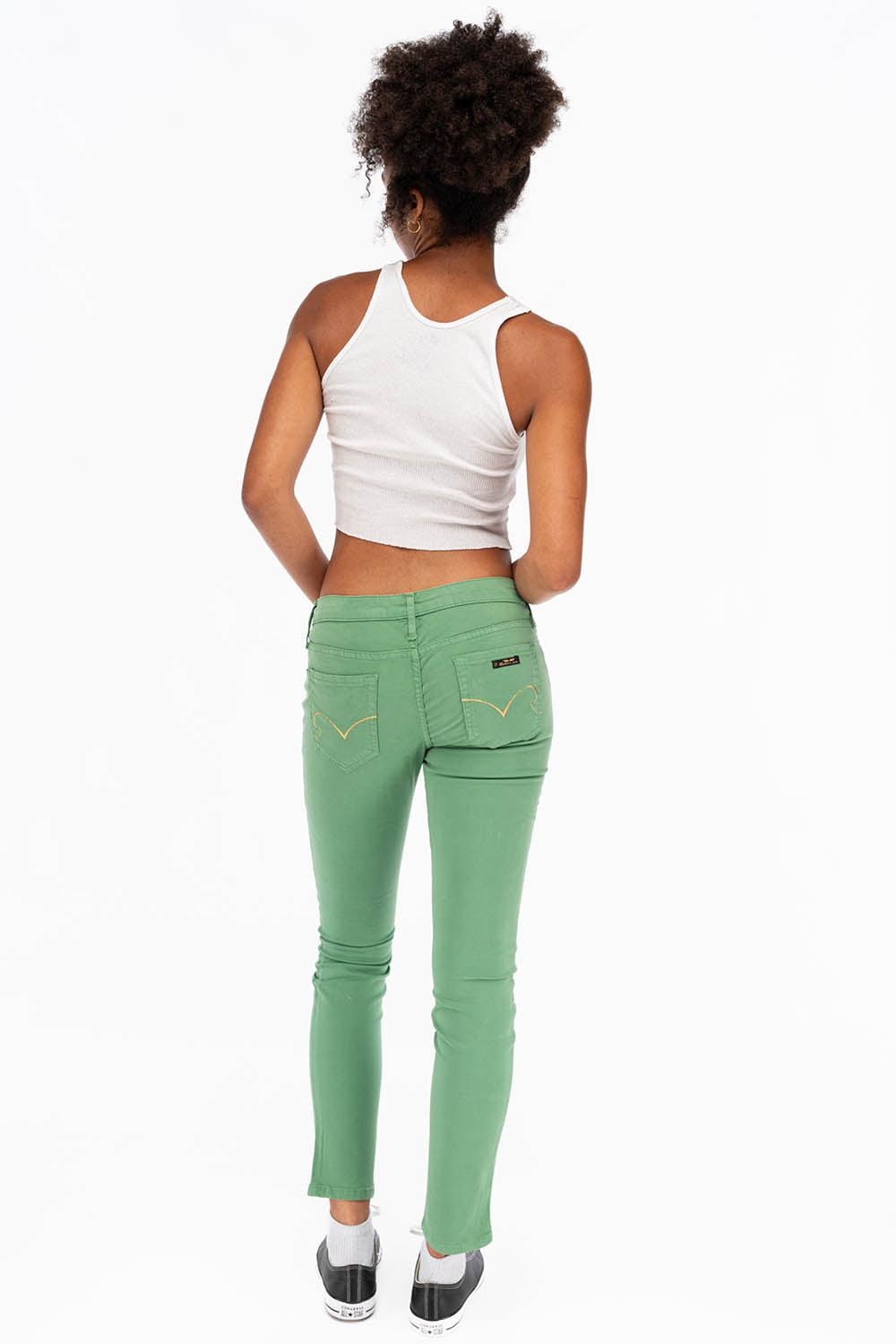 ROBIN'S NAT SKINNY LOW RISE WOMENS SKINNY JEANS IN SQUASH WITH GOLD EMBROIDERY AND LOGO