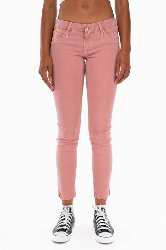 ROBIN'S NAT SKINNY LOW RISE WOMENS SKINNY JEANS IN STRAWBERRY WITH GOLD EMBROIDERY AND LOGO