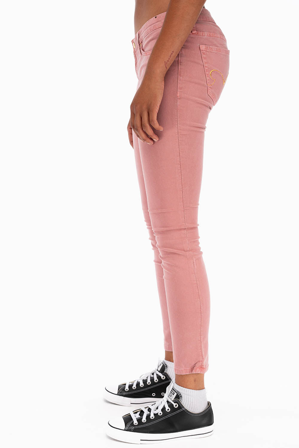 ROBIN'S LOW RISE WOMENS SKINNY JEANS IN STRAWBERRY WITH GOLD EMBROIDERY AND LOGO