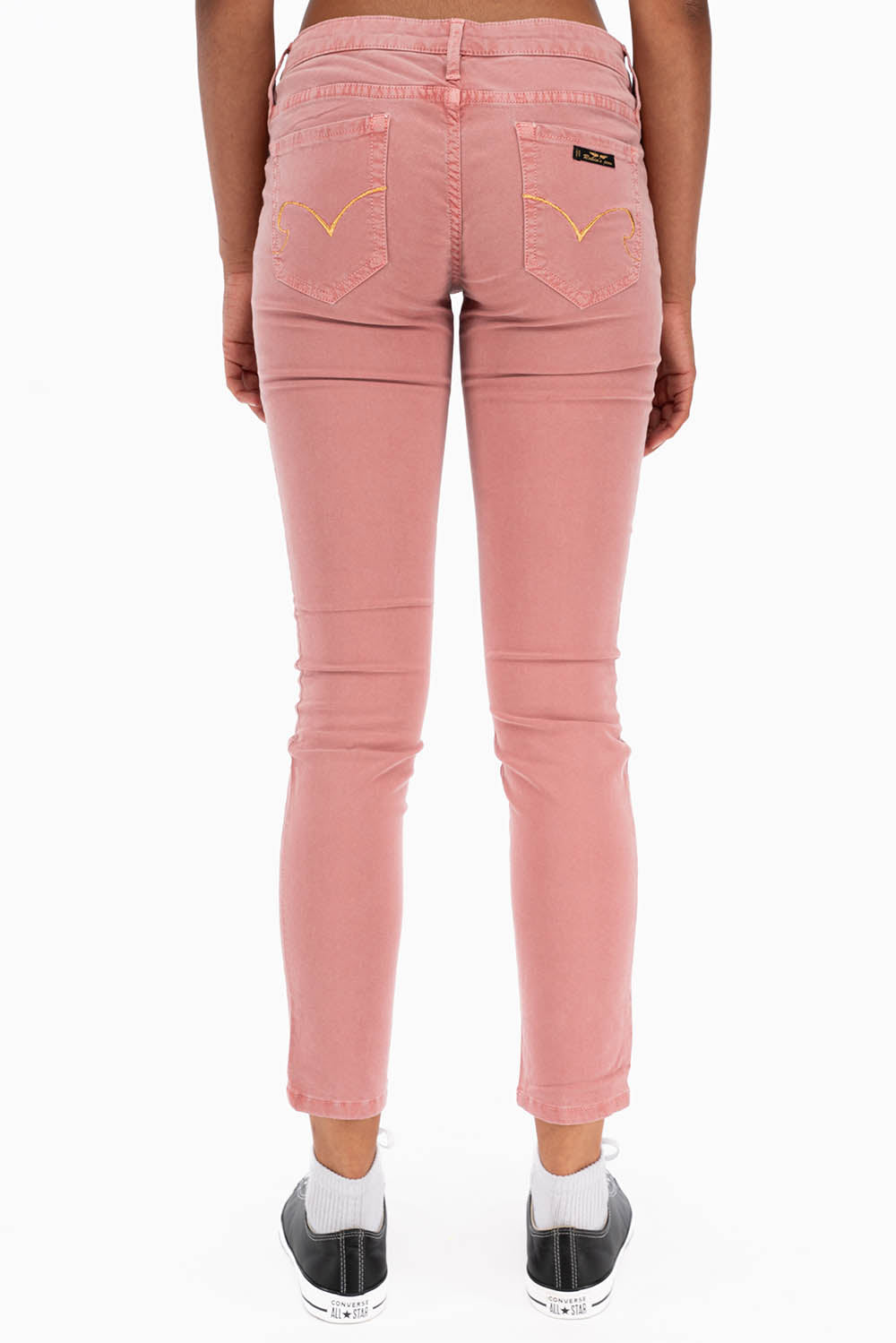 ROBIN'S LOW RISE WOMENS SKINNY JEANS IN STRAWBERRY WITH GOLD EMBROIDERY AND LOGO