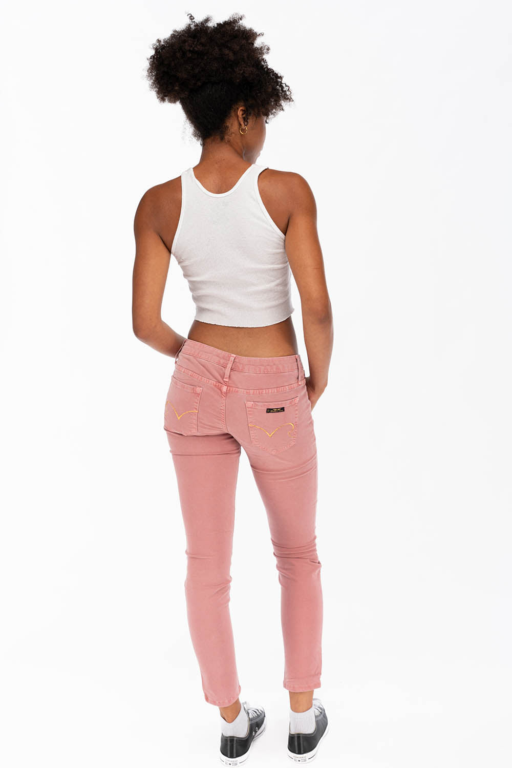 ROBIN'S LOW RISE WOMENS SKINNY JEANS IN STRAWBERRY WITH GOLD EMBROIDERY AND LOGO