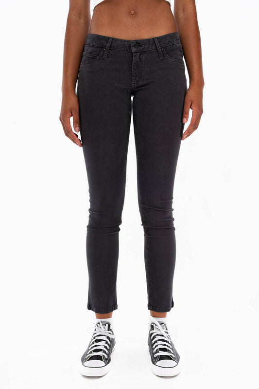 ROBIN'S NAT SKINNY LOW RISE WOMENS SKINNY JEANS IN CHARCOAL WITH TONAL EMBROIDERY AND LOGO