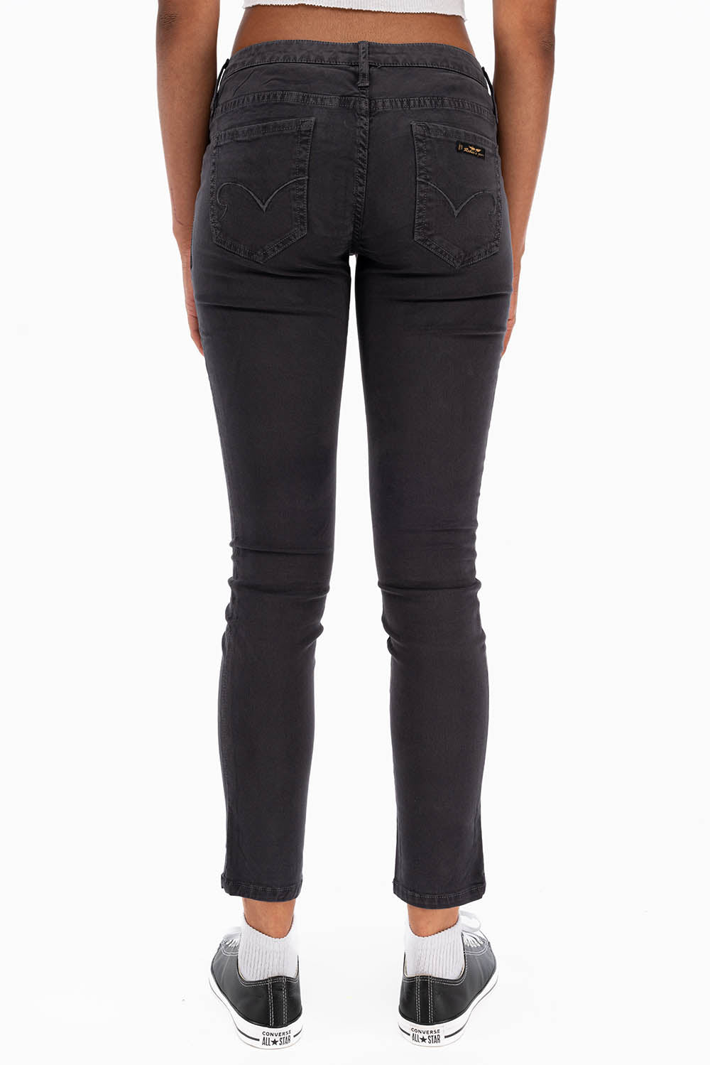 ROBIN'S NAT SKINNY LOW RISE WOMENS SKINNY JEANS IN CHARCOAL WITH TONAL EMBROIDERY AND LOGO