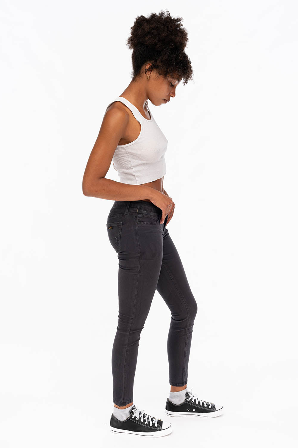 ROBIN'S NAT SKINNY LOW RISE WOMENS SKINNY JEANS IN CHARCOAL WITH TONAL EMBROIDERY AND LOGO