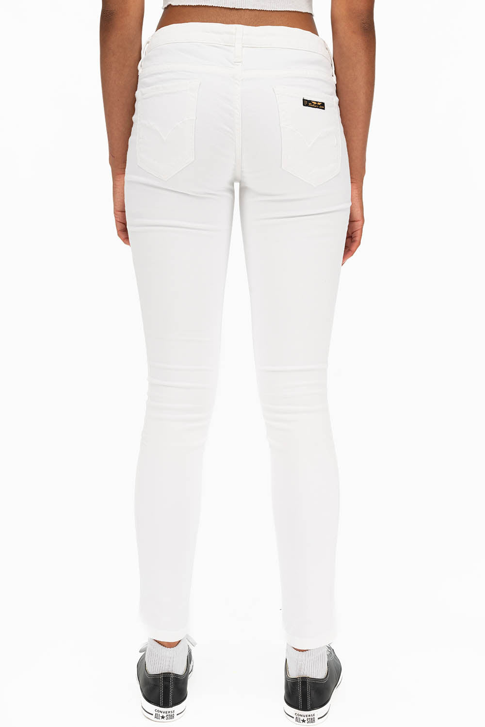 ROBIN'S NAT SKINNY LOW RISE WOMENS SKINNY JEANS IN WHITE WITH TONAL EMBROIDERY AND LOGO