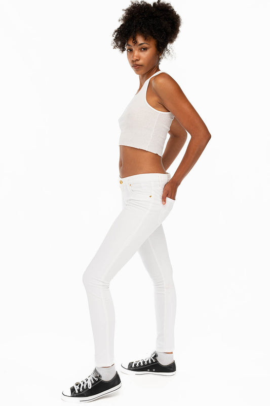 ROBIN'S NAT SKINNY LOW RISE WOMENS SKINNY JEANS IN WHITE WITH TONAL EMBROIDERY AND LOGO