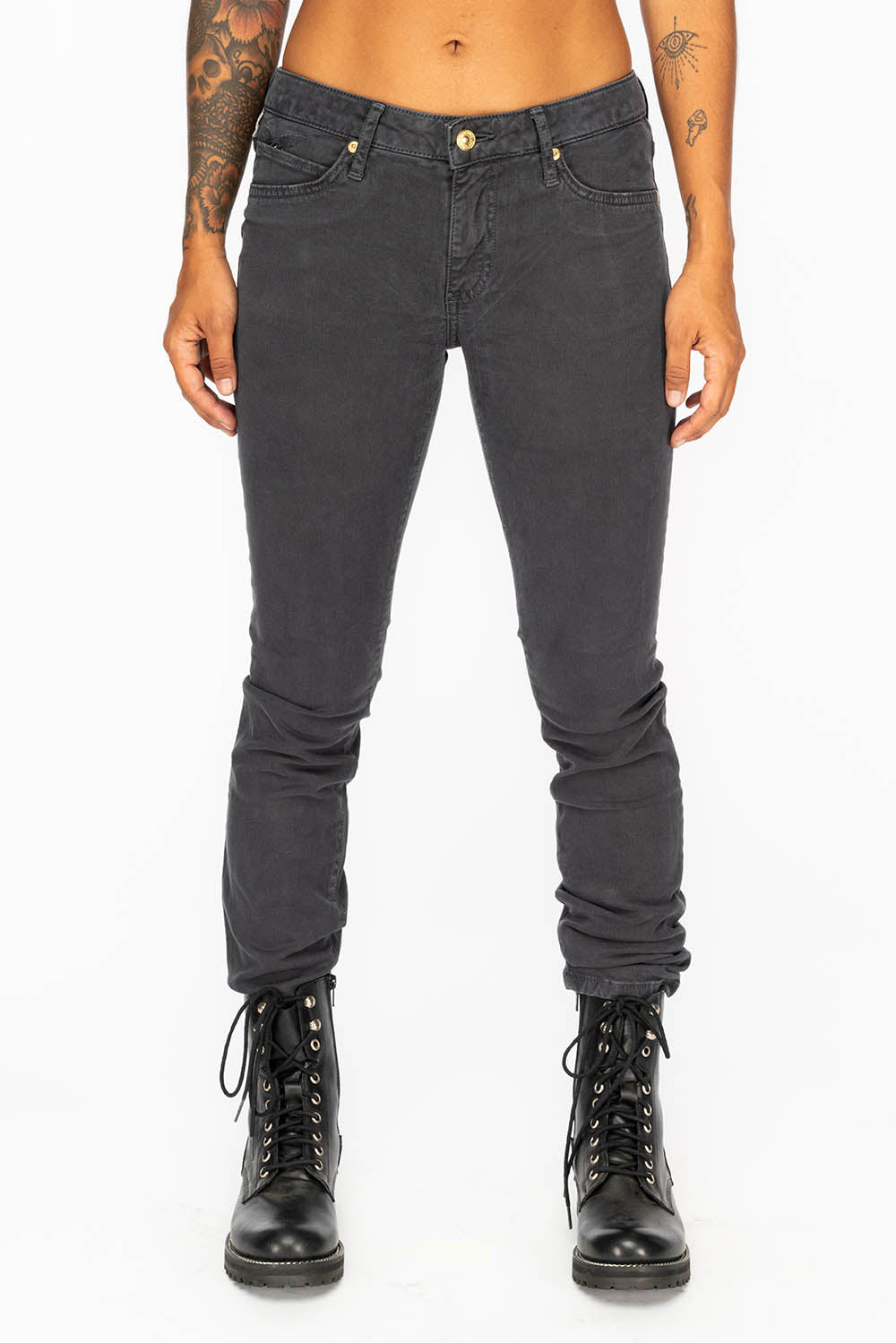 JANE MID RISE WOMENS SKINNY JEANS IN CHARCOAL WITH TONAL WINGS AND BLACK DIAMOND CRYSTALS