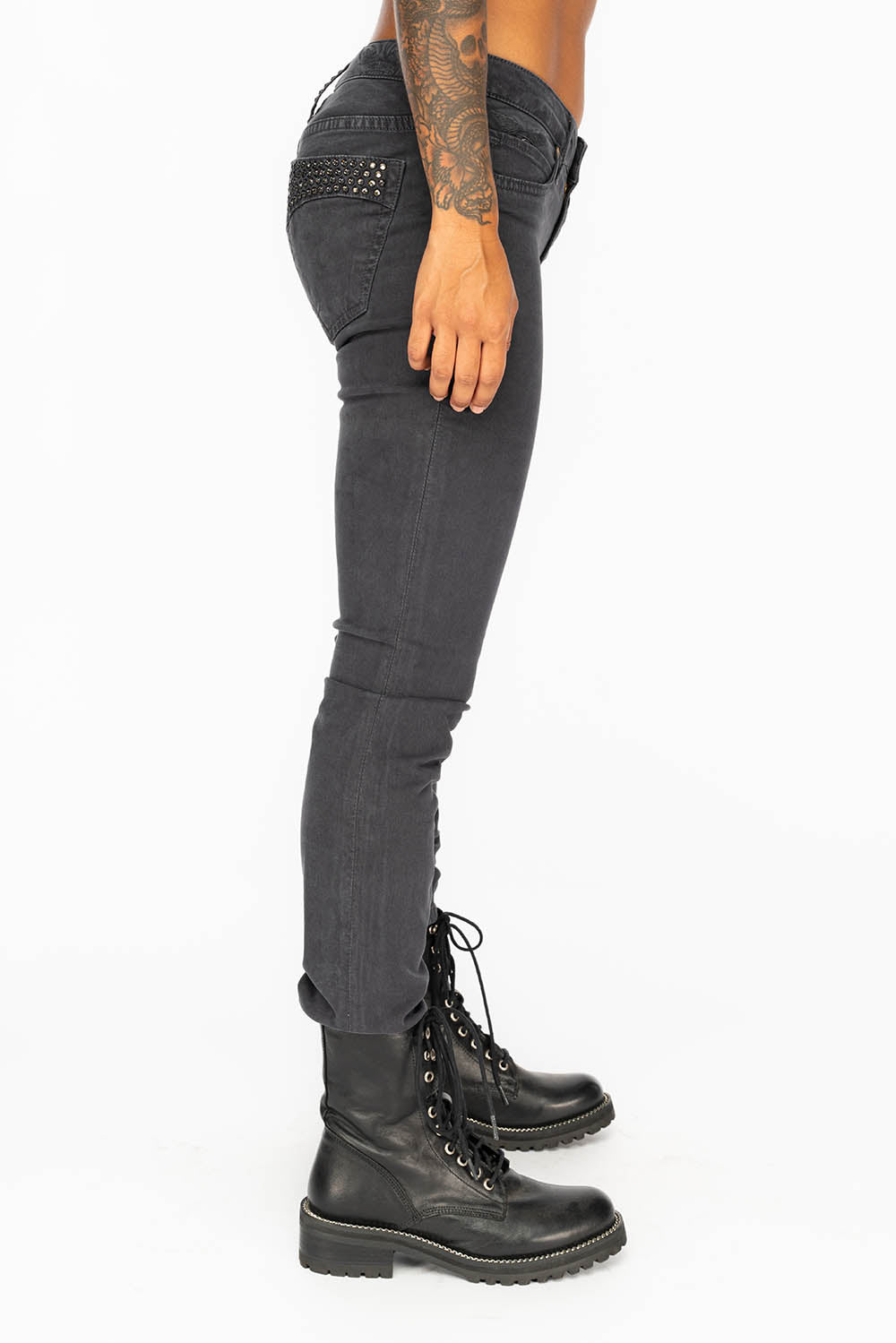 JANE MID RISE WOMENS SKINNY JEANS IN CHARCOAL WITH TONAL WINGS AND BLACK DIAMOND CRYSTALS