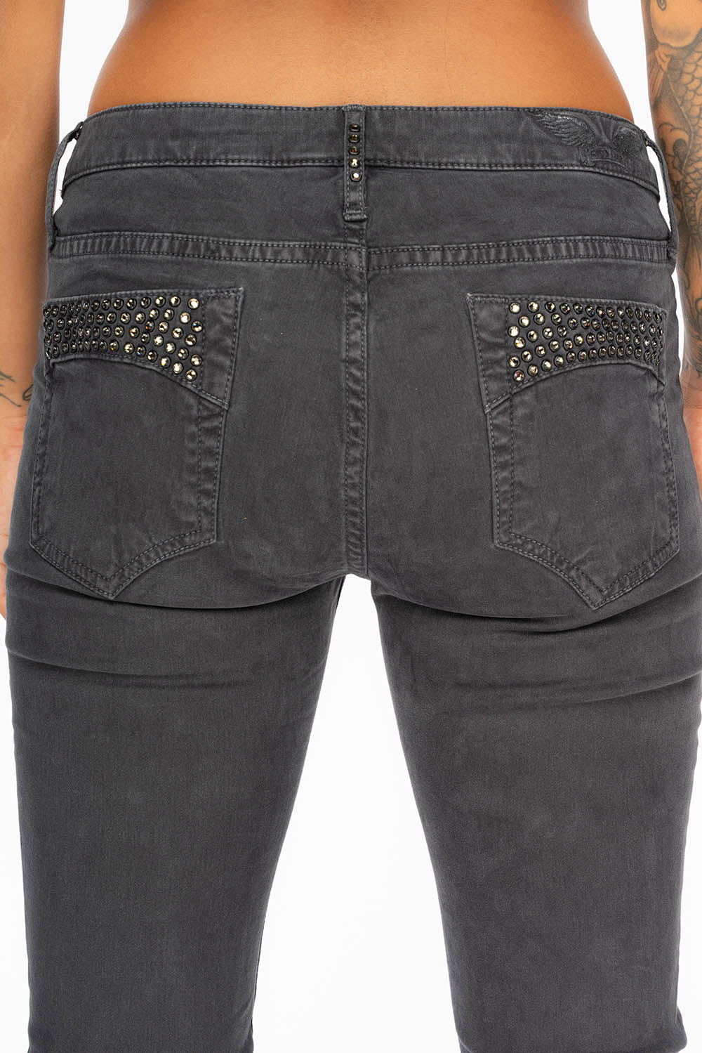 JANE MID RISE WOMENS SKINNY JEANS IN CHARCOAL WITH TONAL WINGS AND BLACK DIAMOND CRYSTALS