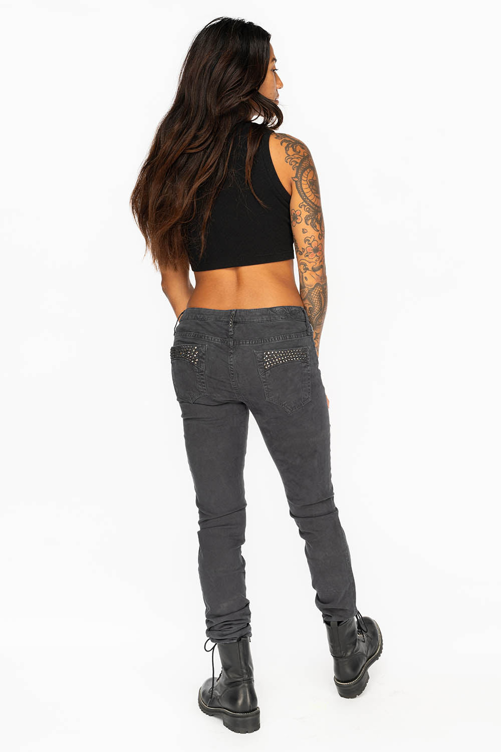 JANE MID RISE WOMENS SKINNY JEANS IN CHARCOAL WITH TONAL WINGS AND BLACK DIAMOND CRYSTALS