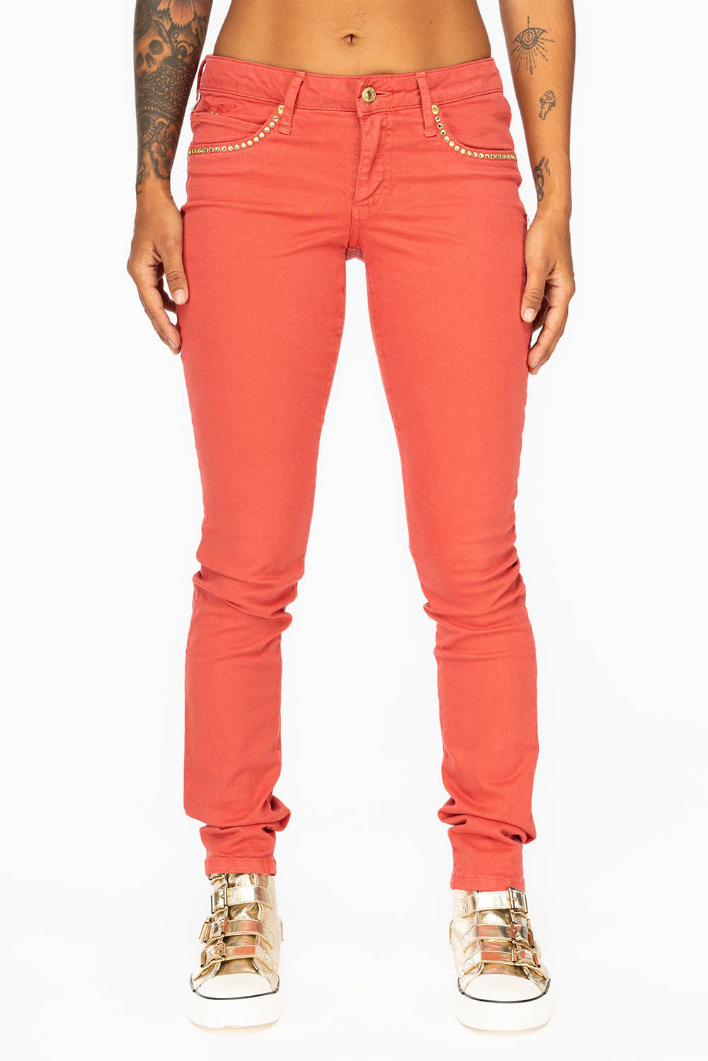 MID RISE WOMENS SKINNY JEANS IN TOMATO WASH WITH CRYSTALS