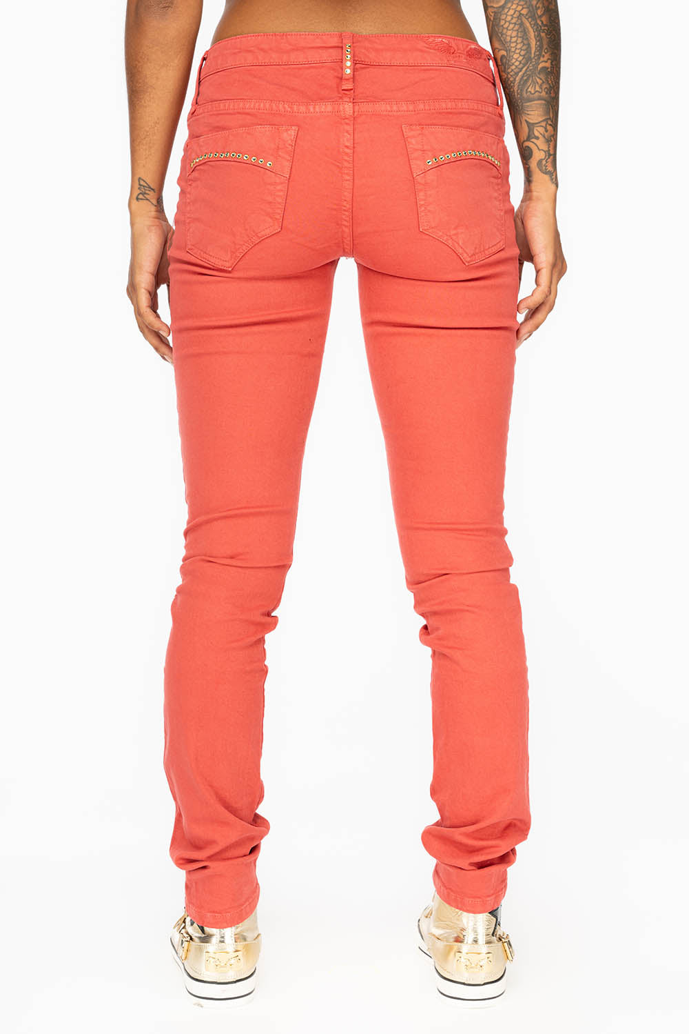 MID RISE WOMENS SKINNY JEANS IN TOMATO WASH WITH CRYSTALS