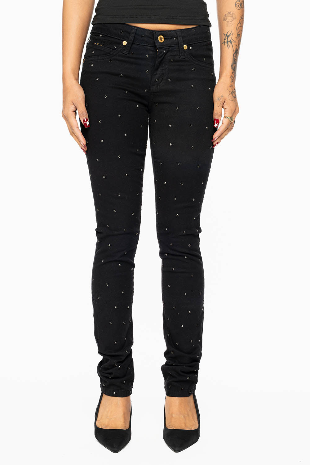 JANE MID RISE WOMENS SKINNY JEANS IN Blk WASH WITH JET BLK CRYSTALS ALL OVER