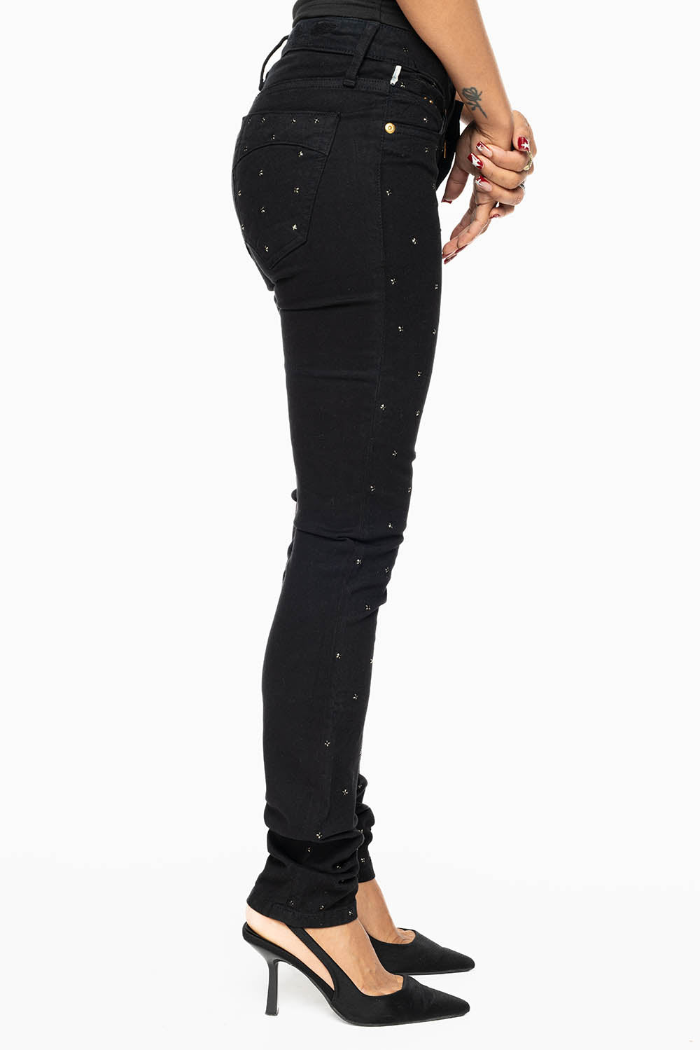 JANE MID RISE WOMENS SKINNY JEANS IN Blk WASH WITH JET BLK CRYSTALS ALL OVER