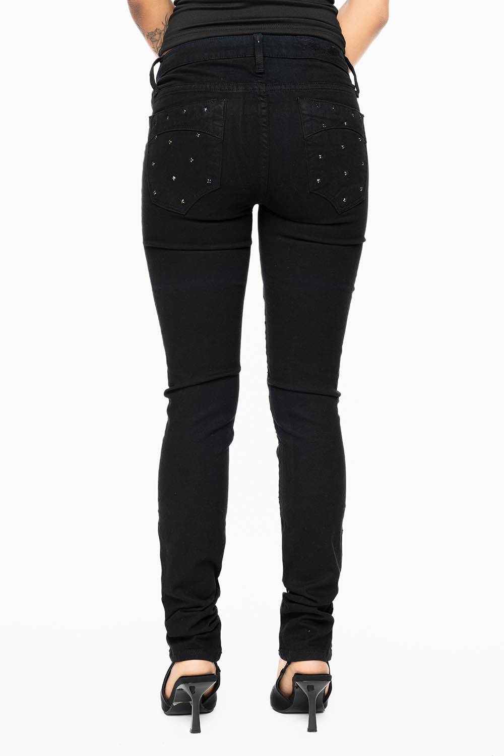 JANE MID RISE WOMENS SKINNY JEANS IN Blk WASH WITH JET BLK CRYSTALS ALL OVER