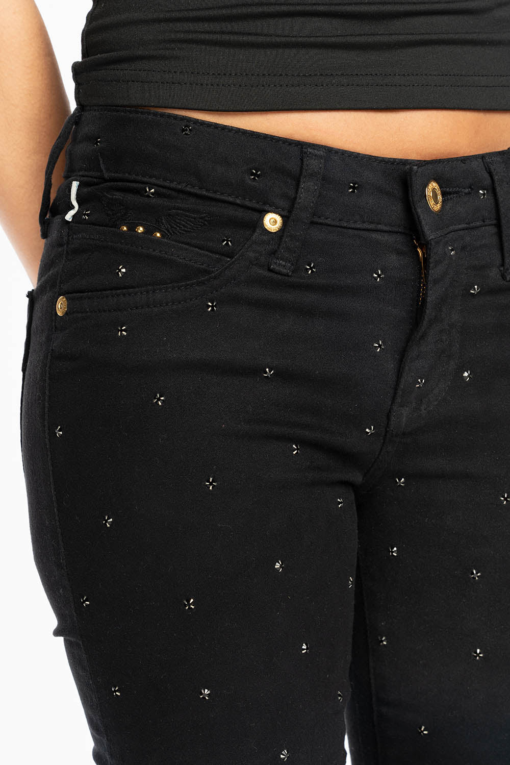 JANE MID RISE WOMENS SKINNY JEANS IN Blk WASH WITH JET BLK CRYSTALS ALL OVER
