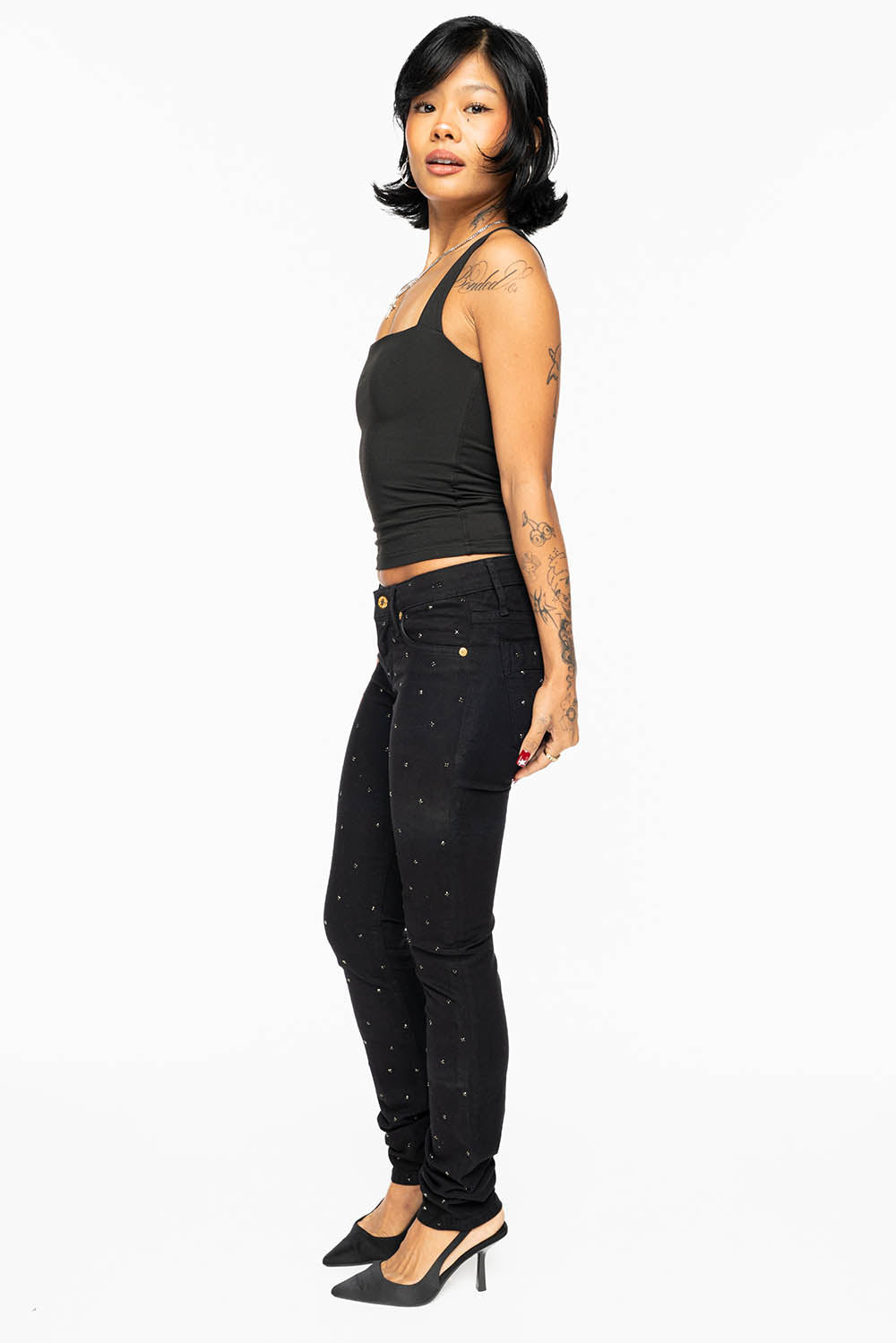 JANE MID RISE WOMENS SKINNY JEANS IN Blk WASH WITH JET BLK CRYSTALS ALL OVER