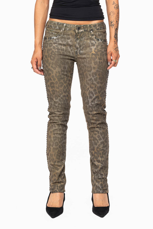 JANE MID RISE WOMENS SKINNY JEANS IN SAFARI GREEN WASH EMBELLISHED WITH SMOKEY TOPAZ CRYSTALS ON SIDE SEAM