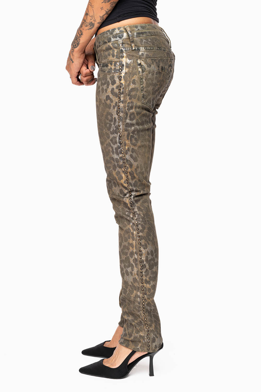 JANE MID RISE WOMENS SKINNY JEANS IN SAFARI GREEN WASH EMBELLISHED WITH SMOKEY TOPAZ CRYSTALS ON SIDE SEAM