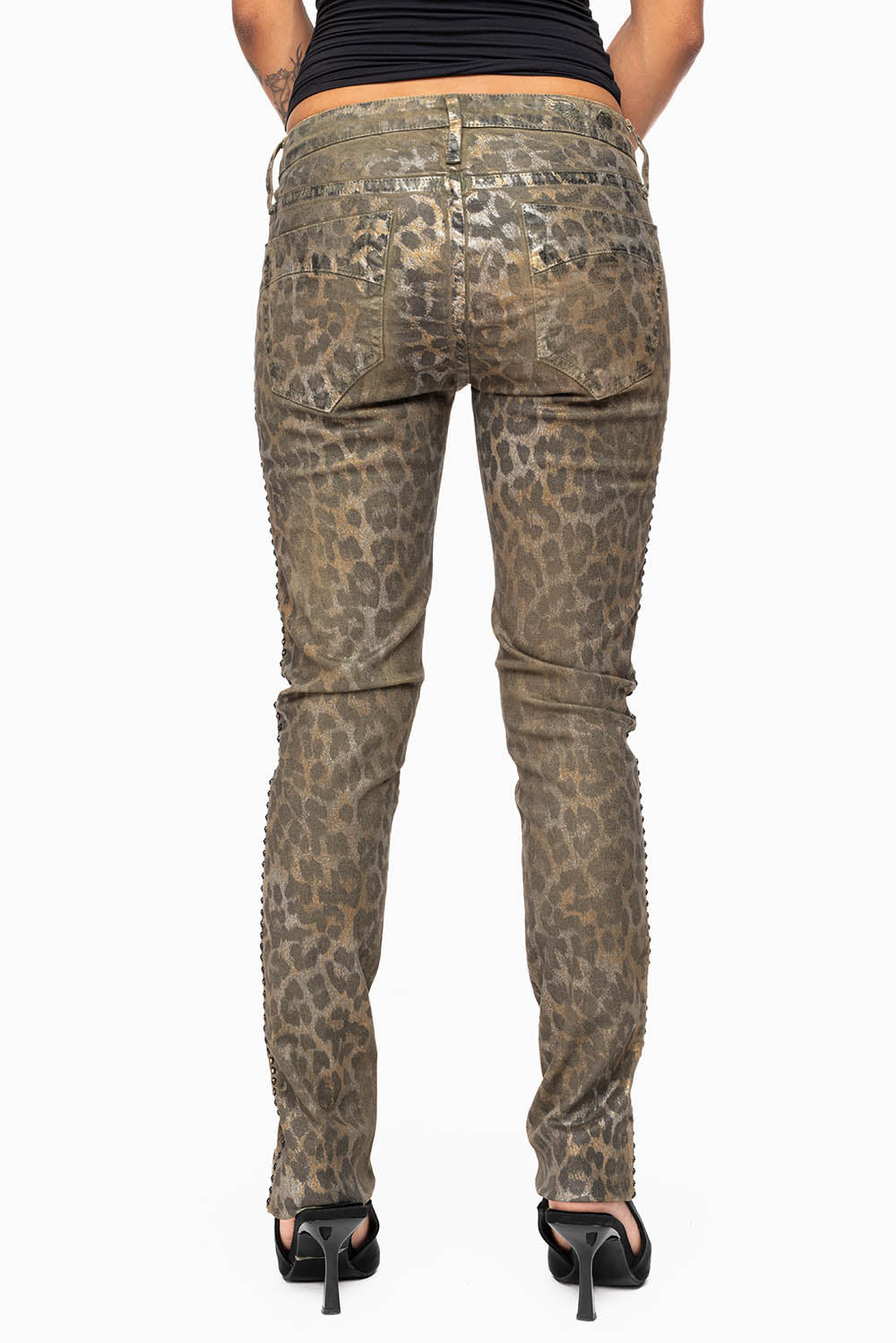 JANE MID RISE WOMENS SKINNY JEANS IN SAFARI GREEN WASH EMBELLISHED WITH SMOKEY TOPAZ CRYSTALS ON SIDE SEAM