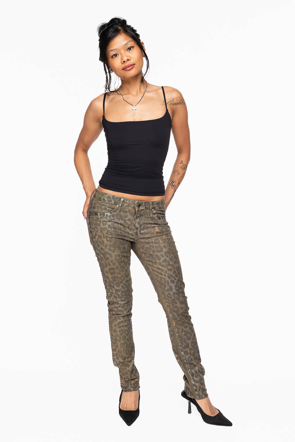 JANE MID RISE WOMENS SKINNY JEANS IN SAFARI GREEN WASH EMBELLISHED WITH SMOKEY TOPAZ CRYSTALS ON SIDE SEAM
