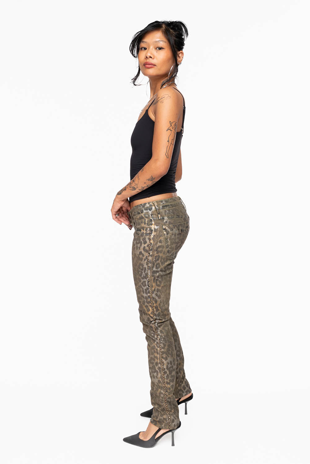 JANE MID RISE WOMENS SKINNY JEANS IN SAFARI GREEN WASH EMBELLISHED WITH SMOKEY TOPAZ CRYSTALS ON SIDE SEAM