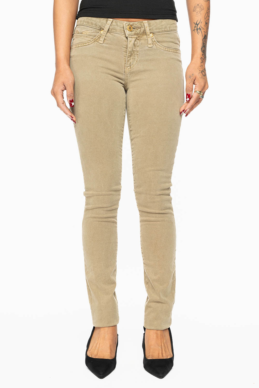 JANE MID RISE WOMENS SKINNY JEANS IN KHAKI WASH WITH AURUM CRYSTALS