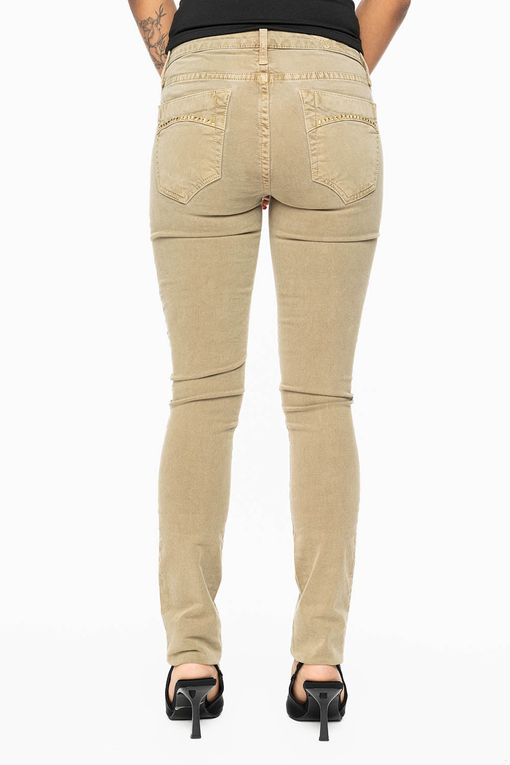 JANE MID RISE WOMENS SKINNY JEANS IN KHAKI WASH WITH AURUM CRYSTALS