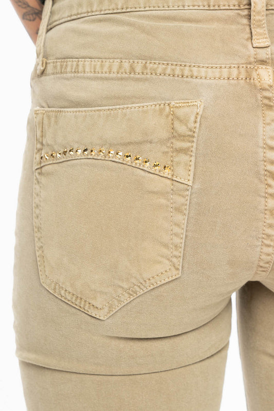JANE MID RISE WOMENS SKINNY JEANS IN KHAKI WASH WITH AURUM CRYSTALS