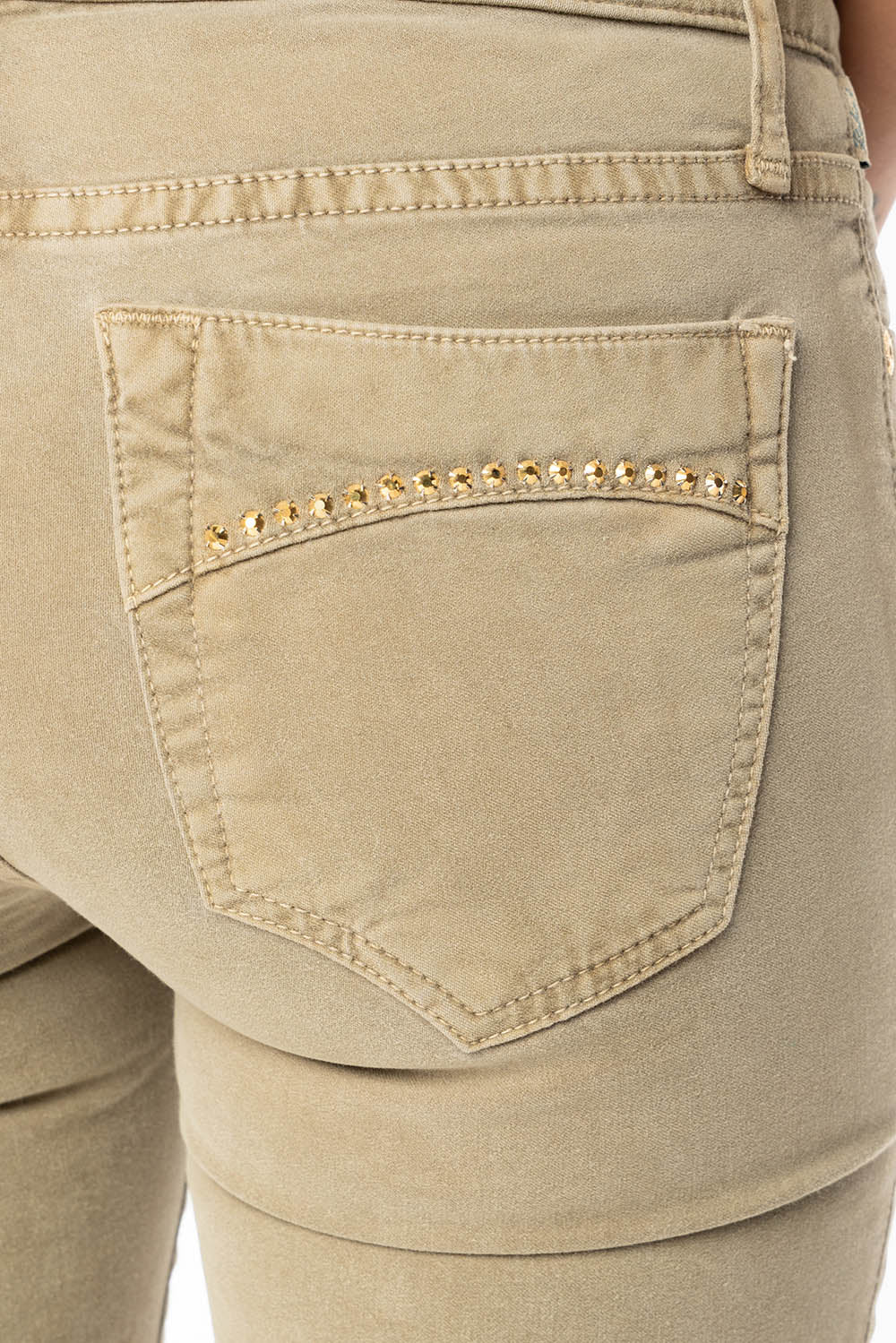 JANE MID RISE WOMENS SKINNY JEANS IN KHAKI WASH WITH AURUM CRYSTALS