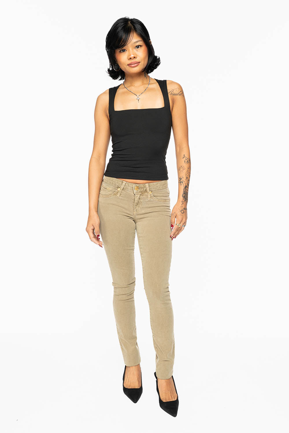 JANE MID RISE WOMENS SKINNY JEANS IN KHAKI WASH WITH AURUM CRYSTALS