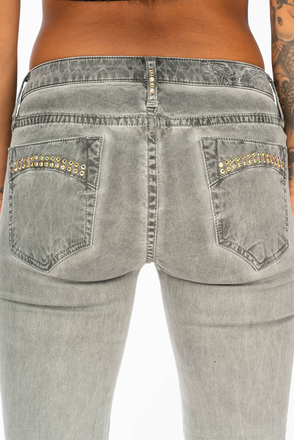 MID RISE WOMENS SKINNY JEANS IN OIL CHARCOAL WASH WITH CRYSTALS