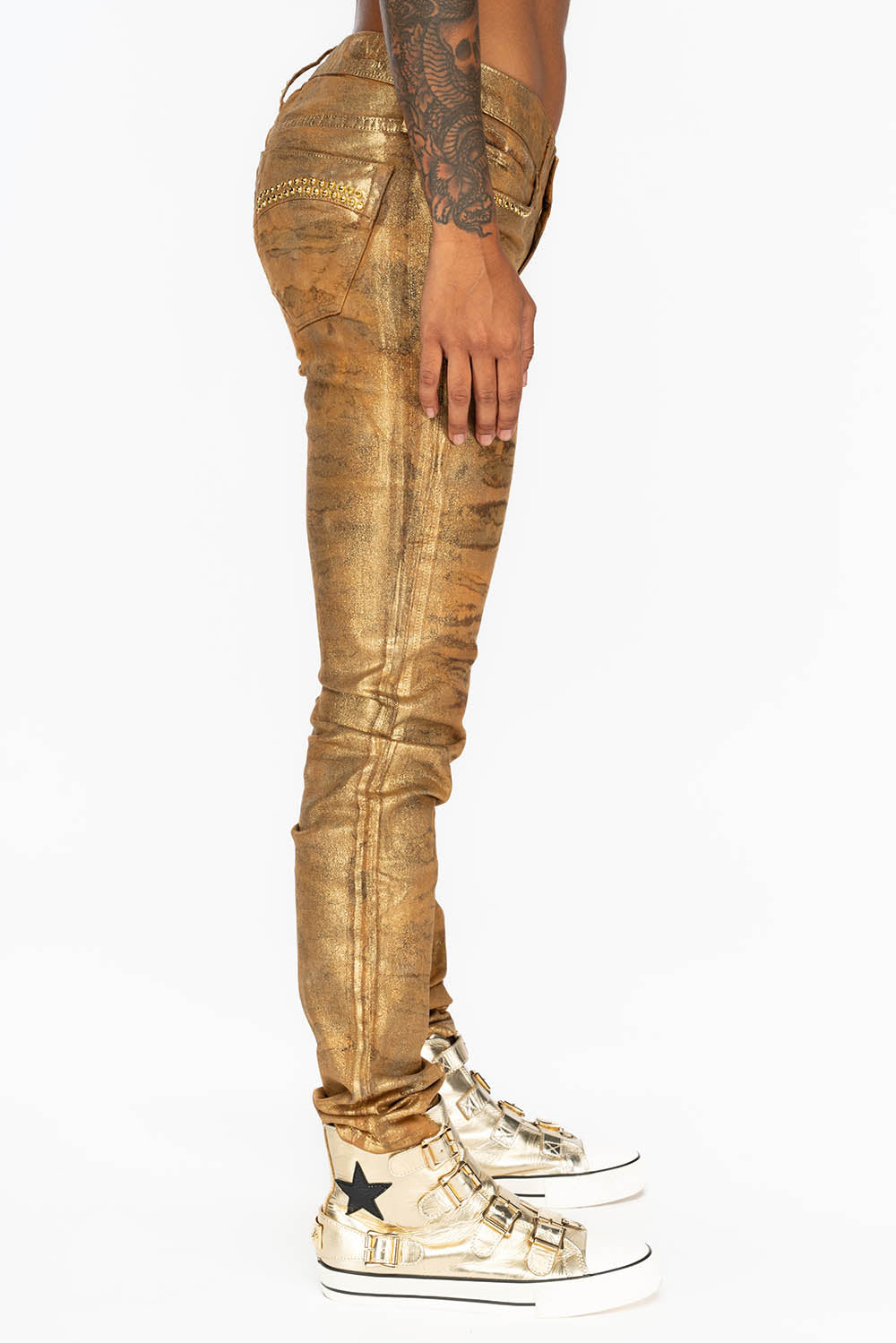 MID RISE WOMENS SKINNY JEANS IN AERO KHAKI WASH WITH GOLD CRYSTALS