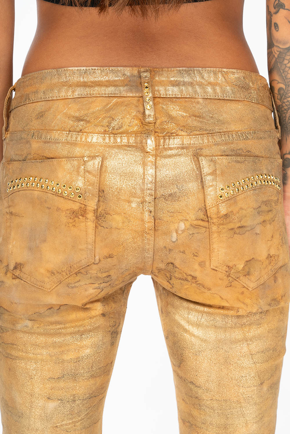 MID RISE WOMENS SKINNY JEANS IN AERO KHAKI WASH WITH GOLD CRYSTALS