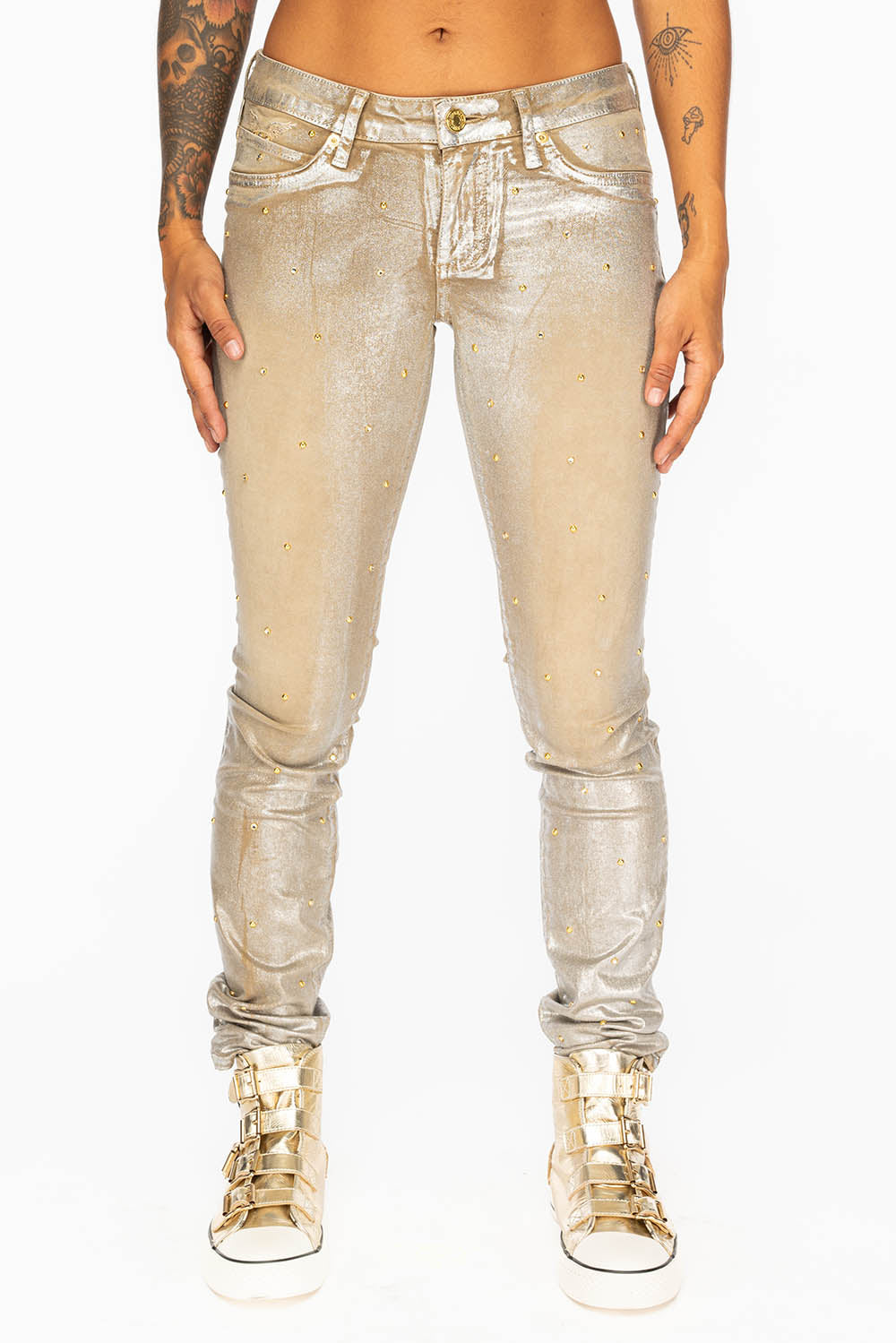 JANE MID RISE WOMENS SKINNY JEANS IN KHAKI LISA SILVER WITH TONAL WINGS AND CRYSTALS