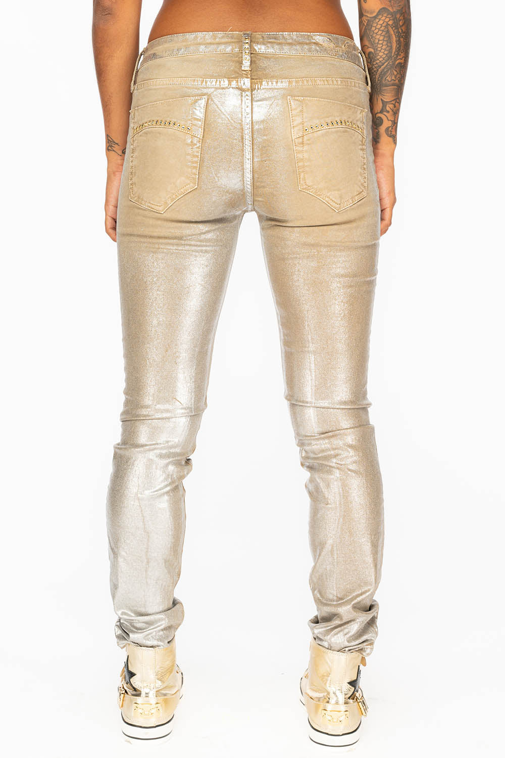 JANE MID RISE WOMENS SKINNY JEANS IN KHAKI LISA SILVER WITH TONAL WINGS AND CRYSTALS