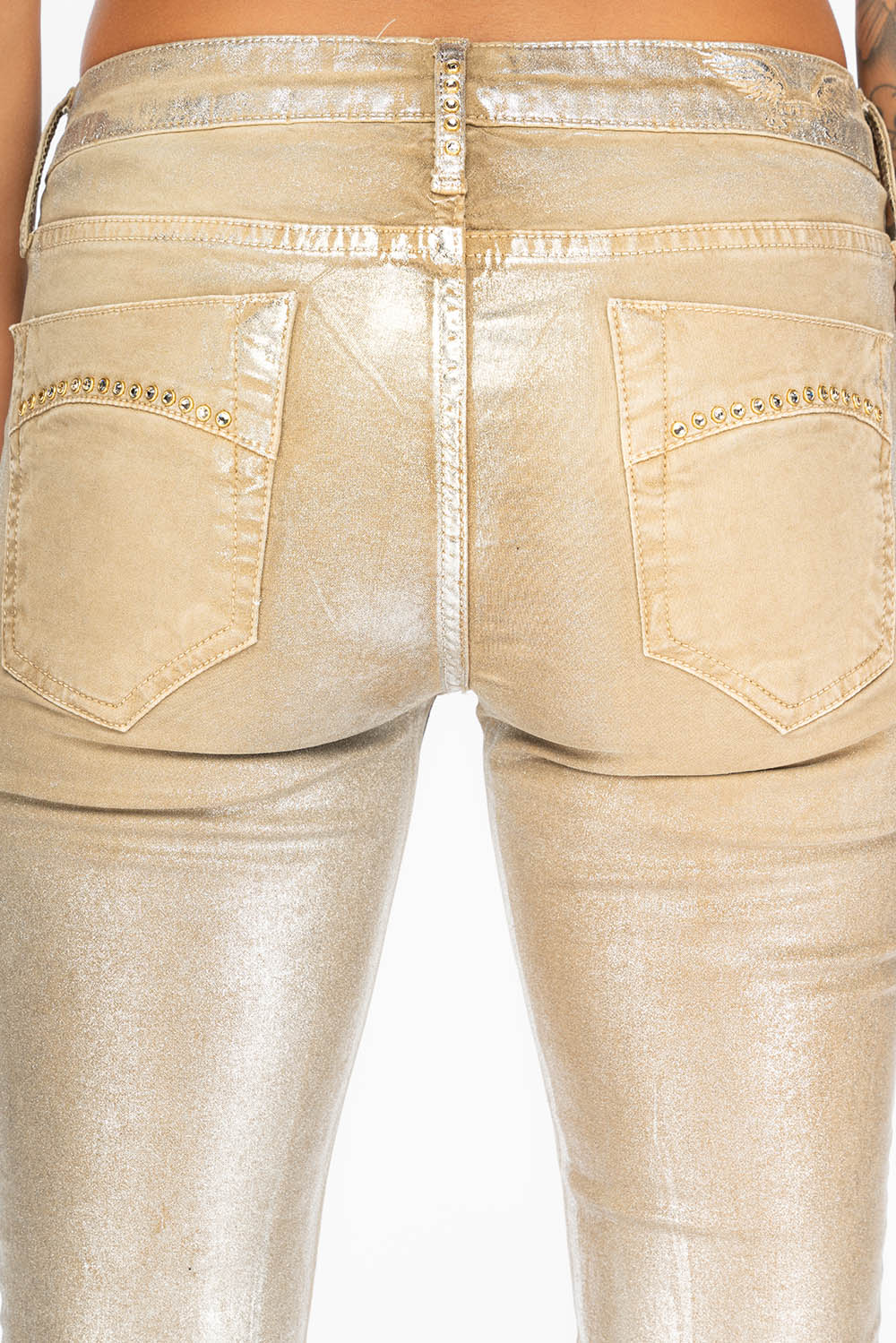 JANE MID RISE WOMENS SKINNY JEANS IN KHAKI LISA SILVER WITH TONAL WINGS AND CRYSTALS