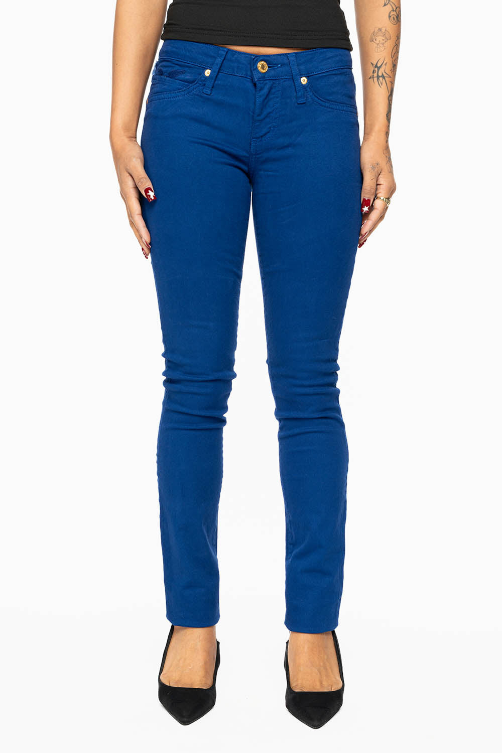 MARILYN LOW RISE WOMENS SKINNY JEANS IN  ROYAL BLUE WASH WITH AURUM CRYSTALS
