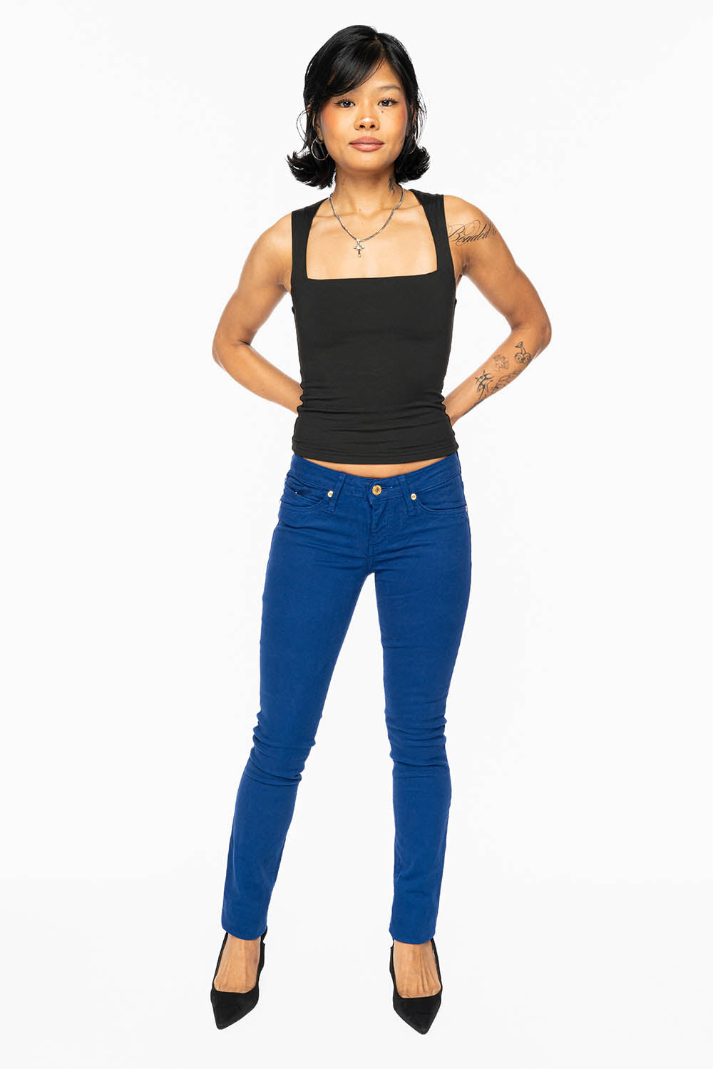 MARILYN LOW RISE WOMENS SKINNY JEANS IN  ROYAL BLUE WASH WITH AURUM CRYSTALS