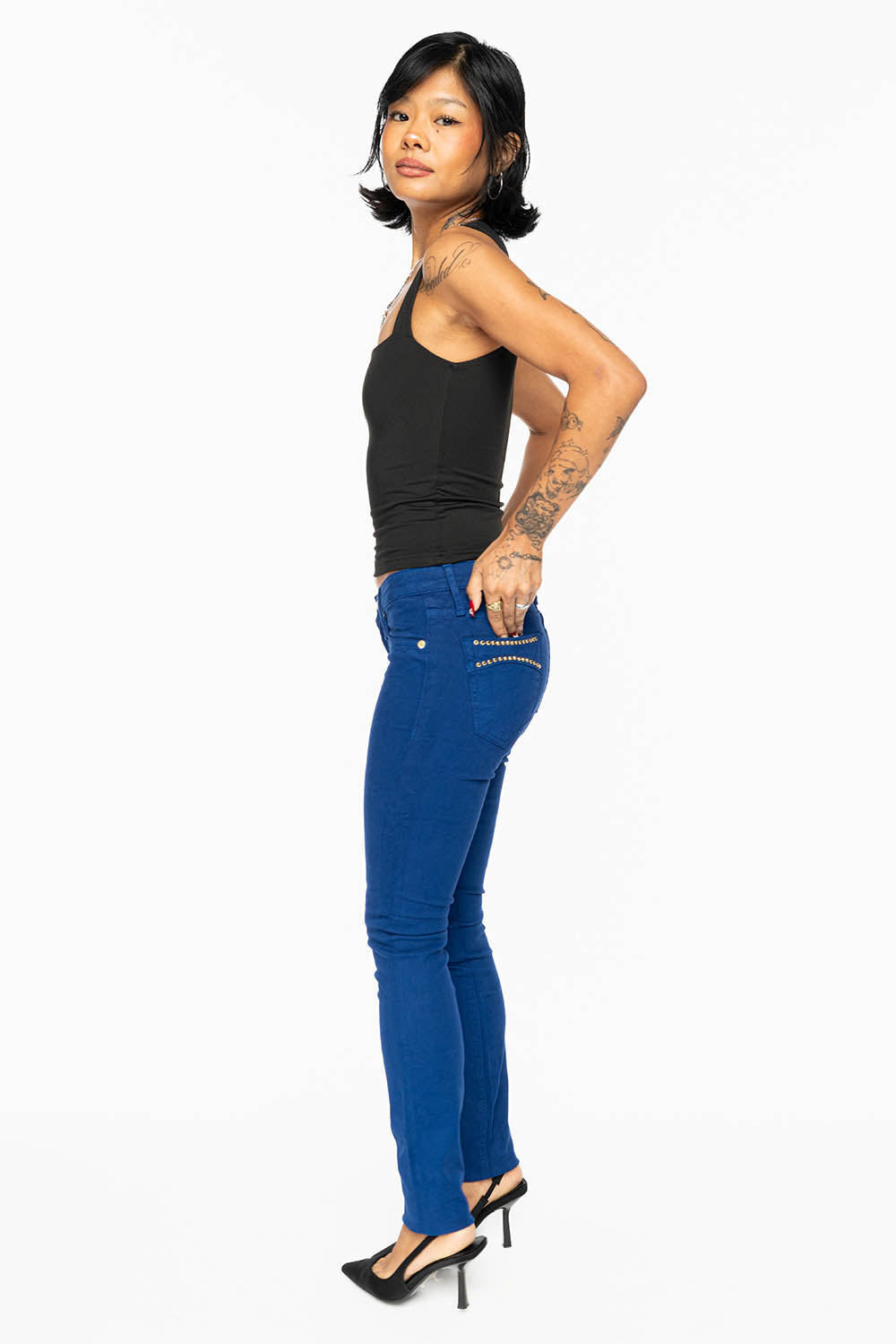 MARILYN LOW RISE WOMENS SKINNY JEANS IN  ROYAL BLUE WASH WITH AURUM CRYSTALS