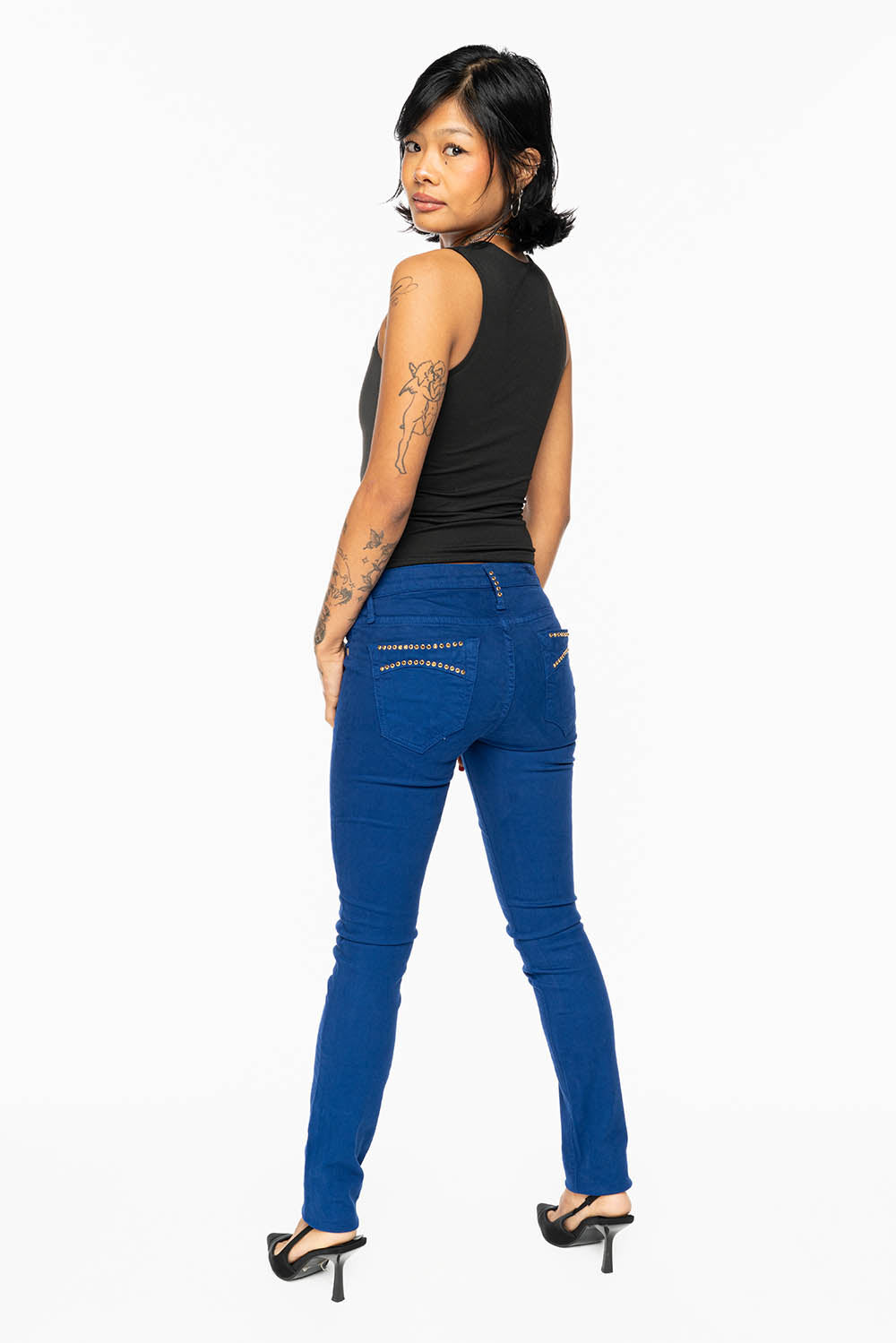 MARILYN LOW RISE WOMENS SKINNY JEANS IN  ROYAL BLUE WASH WITH AURUM CRYSTALS