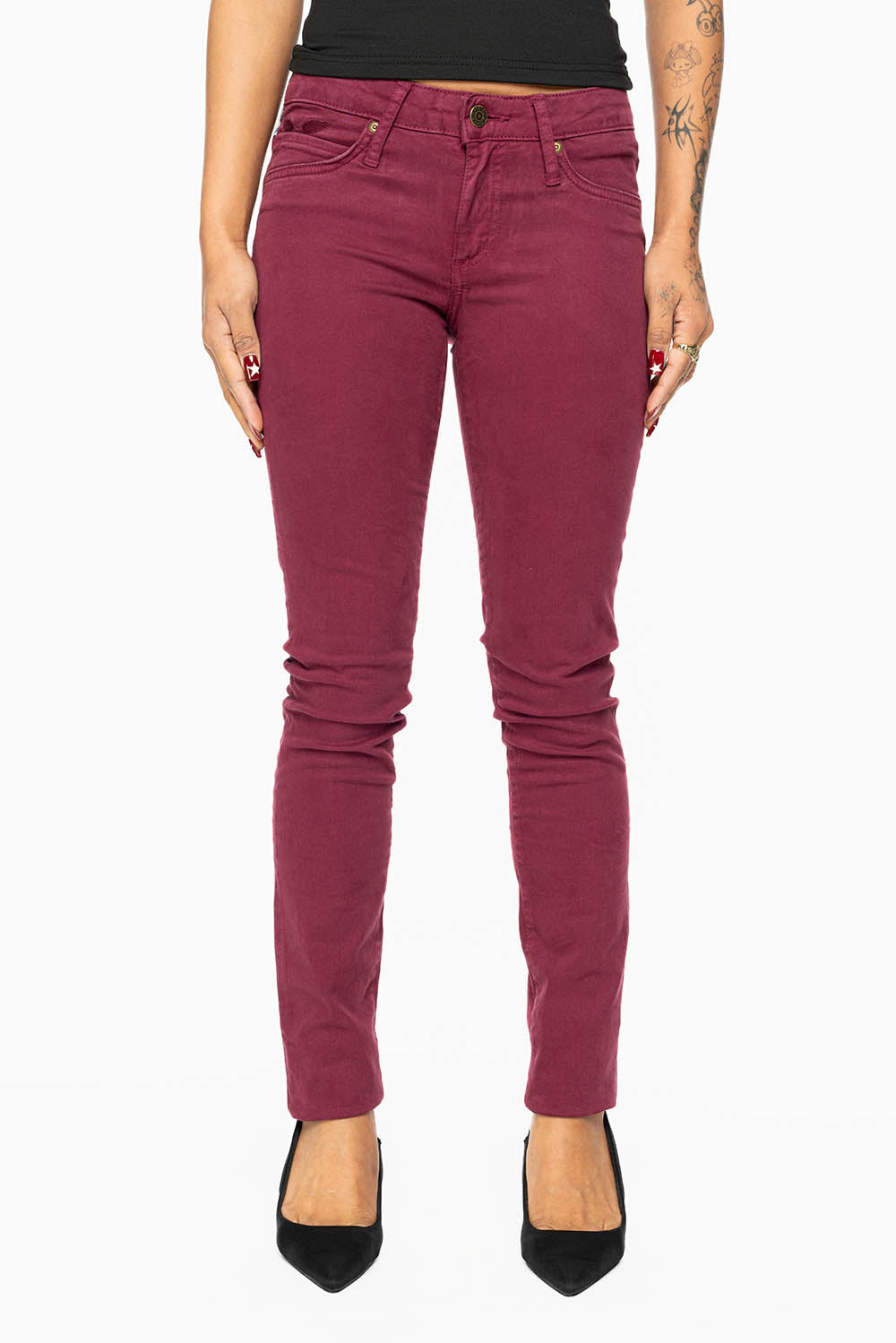 JANE MID RISE WOMENS SKINNY JEANS IN SANGRIA WASH WITH RED CRYSTALS