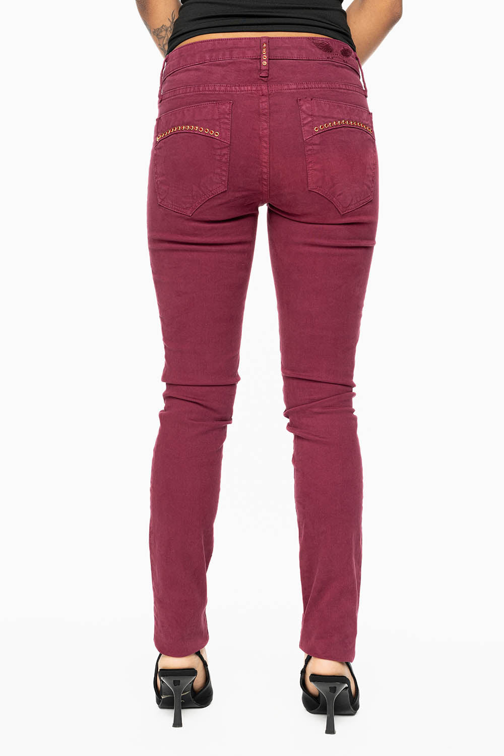 JANE MID RISE WOMENS SKINNY JEANS IN SANGRIA WASH WITH RED CRYSTALS